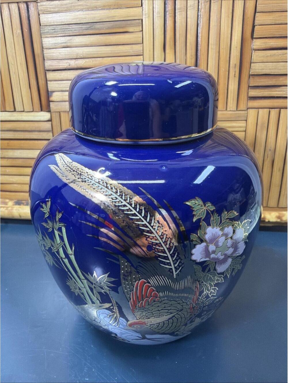 Cobalt Blue Ginger Jar W/ Lid Hand Painted Floral Pheasants Gold Handpaint 5.5”